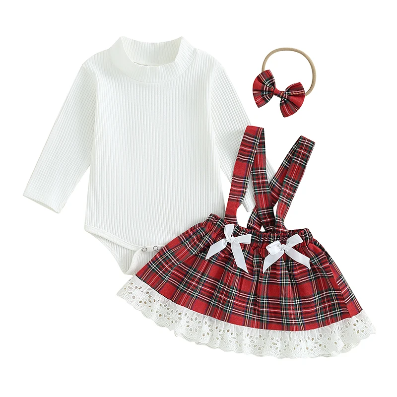 Recém-nascido Manga Longa Romper, Lace Hem Suspender Saia, Headband Roupas Set, Baby Girls Natal Roupas, 23, 09, 25