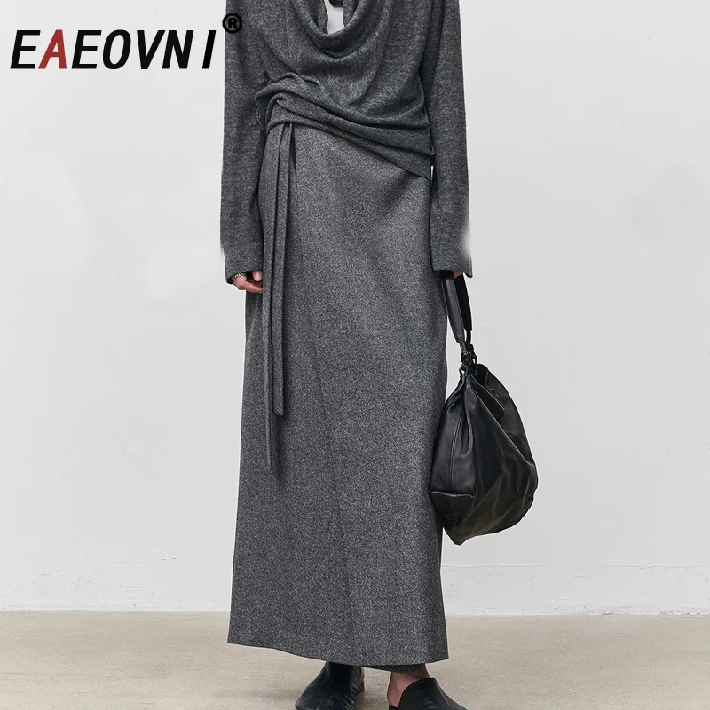 EAEOVNI Elegante Wollen Lange Rok Voor Vrouwen Lace-up Verzamelde Taille Effen Kleur Een Lijn Lange Rokken Mode 2026 nieuwe Kleding