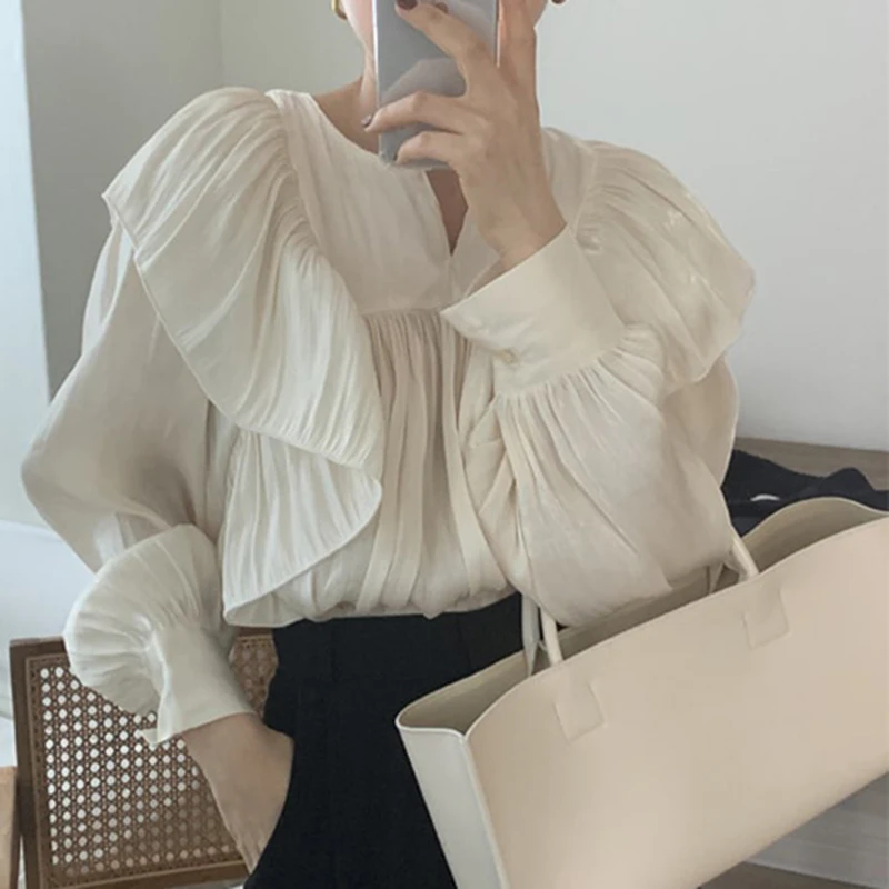 Chic Ruffled Edge Pleated Loose Shirt for Women Fashion Puff Long Sleeve Women Blouse Tops Solid Vintage Elegant Blouses New 201