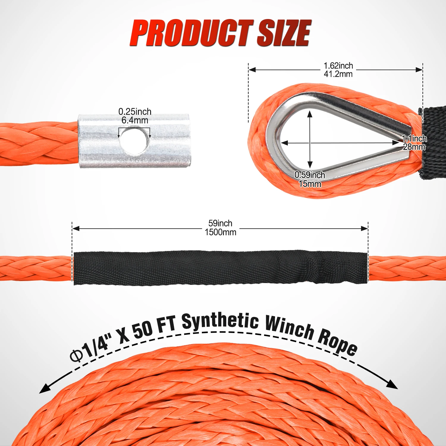 Nilight 1/4' X 50 ft Synthetic Winch Rope 9,000 LBS Winch Line Cable with Black Protective Sleeve Winch Line Ropes for ATV Winch with Synthetic Rope UTV Trailer Jeep Quad Polaris Winch Cable Orange/Blue