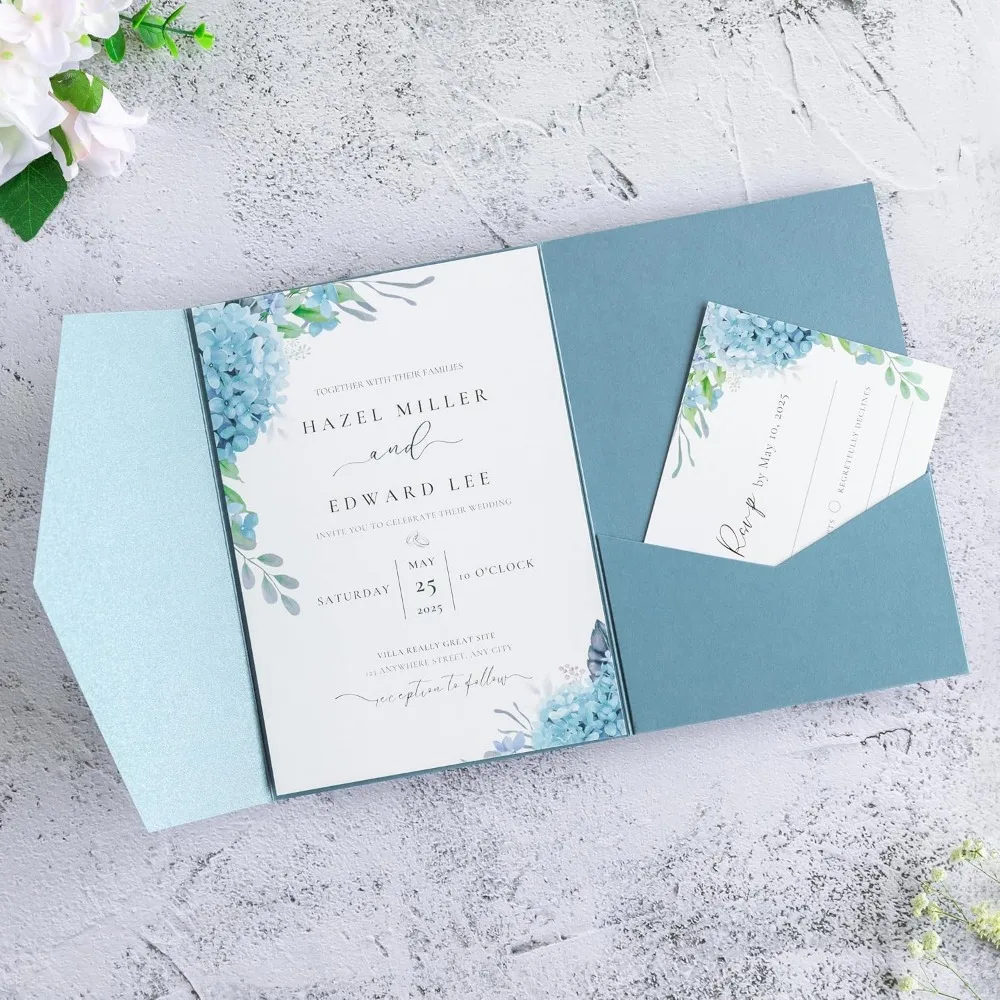 

20 шт. 5,12x7,1 дюйма, жемчужно-пыльно-синие тройные свадебные пригласительные билеты с лазерной резкой для свадьбы, свадебного душа, Quinceañera, помолвки