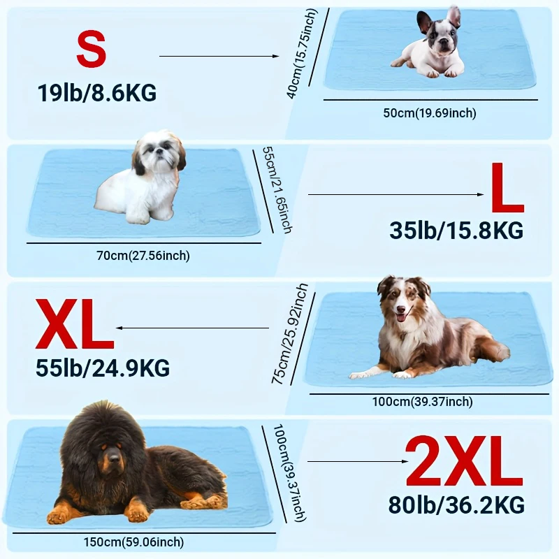 Pet cooling mat size guide for S, L, XL and 2XL