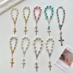 1Pcs Baby 6/8mm Glass Pearl Rosary Bracelet Eucharist Gift Cross Finger Chain Religion Mini Rosary Bracelet Pray