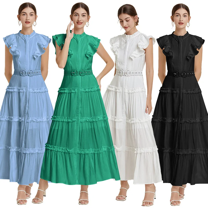 

2024 Summer Women's Clothing Long French Dress Temperament Elegant Style Long Dress Flying Sleeves Waist Thin Fungus Edge Dress