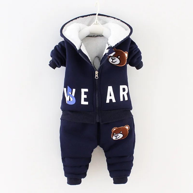 Baby PlushThickened Set Cartoon Bear Hooded zipper Jacket+Pants 2PCS Suit Children\'s Clothing Autumn Winter Boys Cotton Set 0-5Y