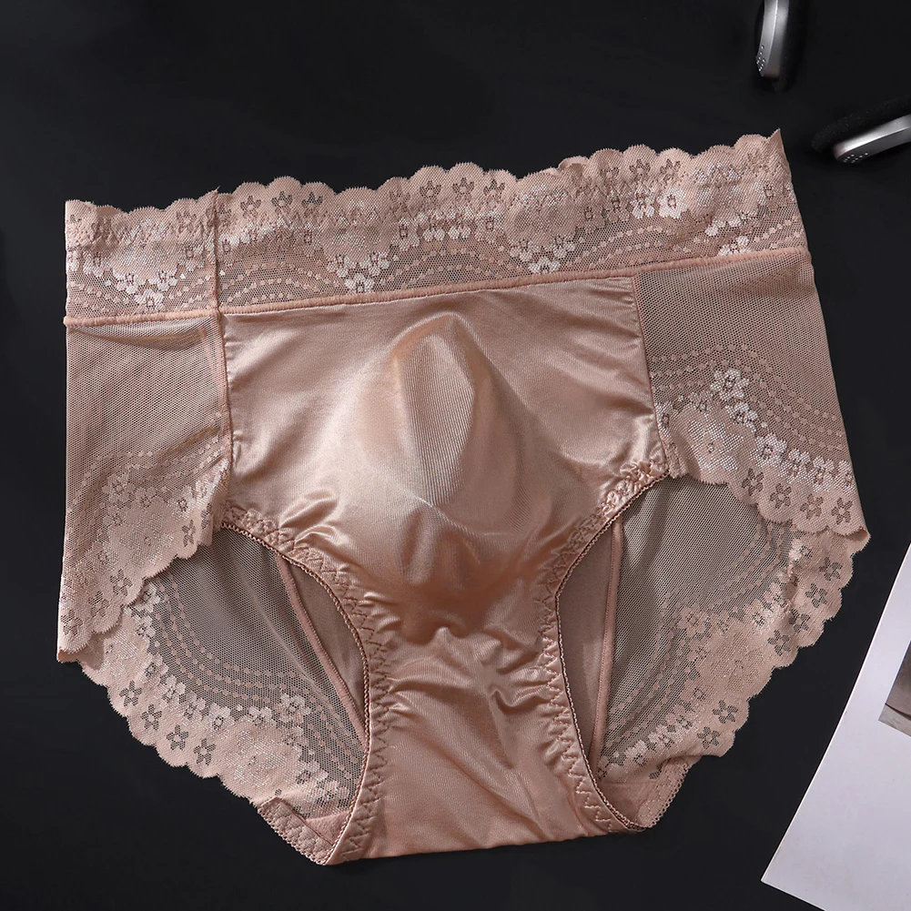 Men Lace Thin Seamless Ice Silk Briefs Underwear 3D Bulge Pouch Low Waist Pantie Middle Waist Underwear Embroidery Breifs