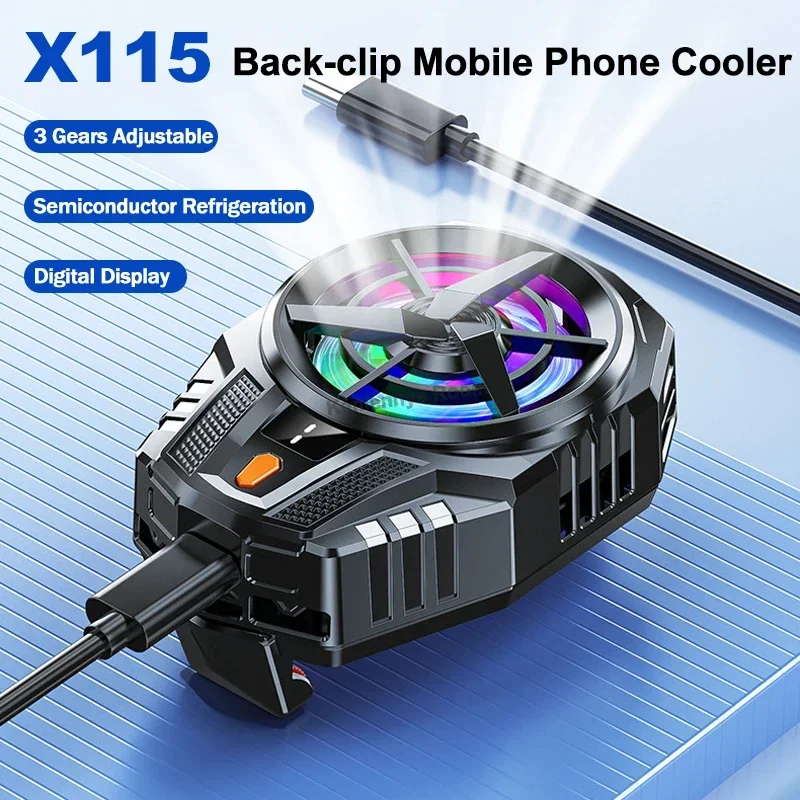 X115 Mobile Phone Semiconductor Cooling Fan Radiator for IOS Android PUBG 3 Gears Adjustable Back Clip Digital Display Heat Sink