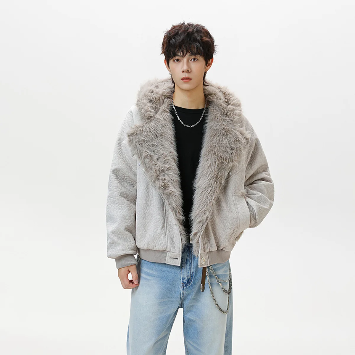 MWJLPWQ العصرية 2025 جديد الشتاء الفراء طوق الصوف سترة جلدية الرجال المتخصصة واحدة الصدر الملمس تصميم معطف القطن 21744 #3