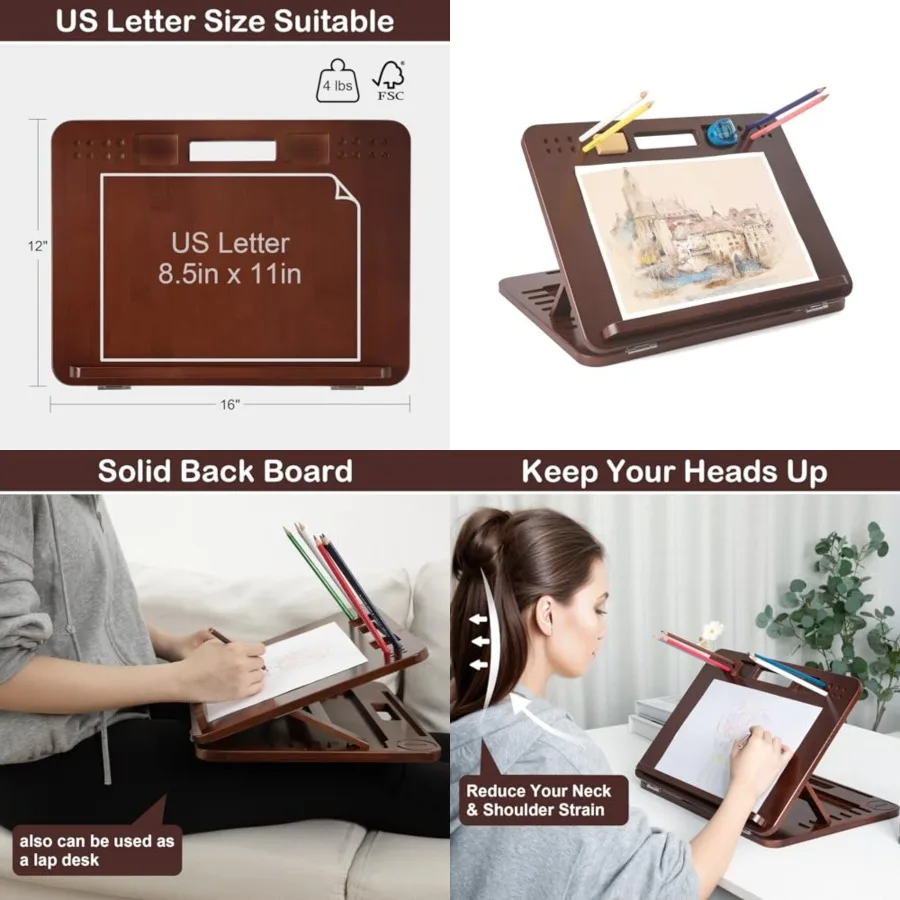 

6-Position Bamboo Table Easel 16x12 Inch Adjustable Drawing and Sketching Board with Built-in Handle and Back Storage Portable