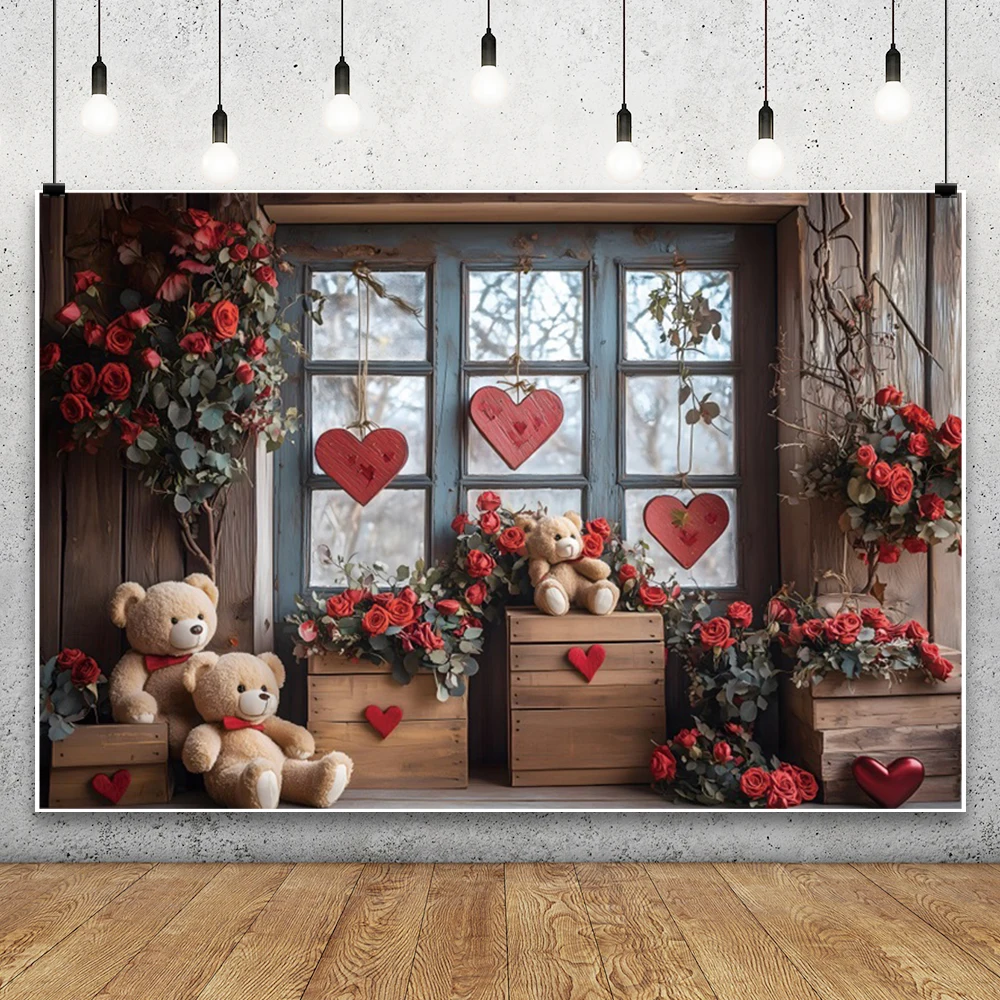 สุขสันต์วันวาเลนไทน์พื้นหลังการถ่ายภาพสีแดง Rose ดอกไม้ตุ๊กตาหมีบอลลูนตกแต่งในร่มเด็กคนรักภาพฉากหลัง