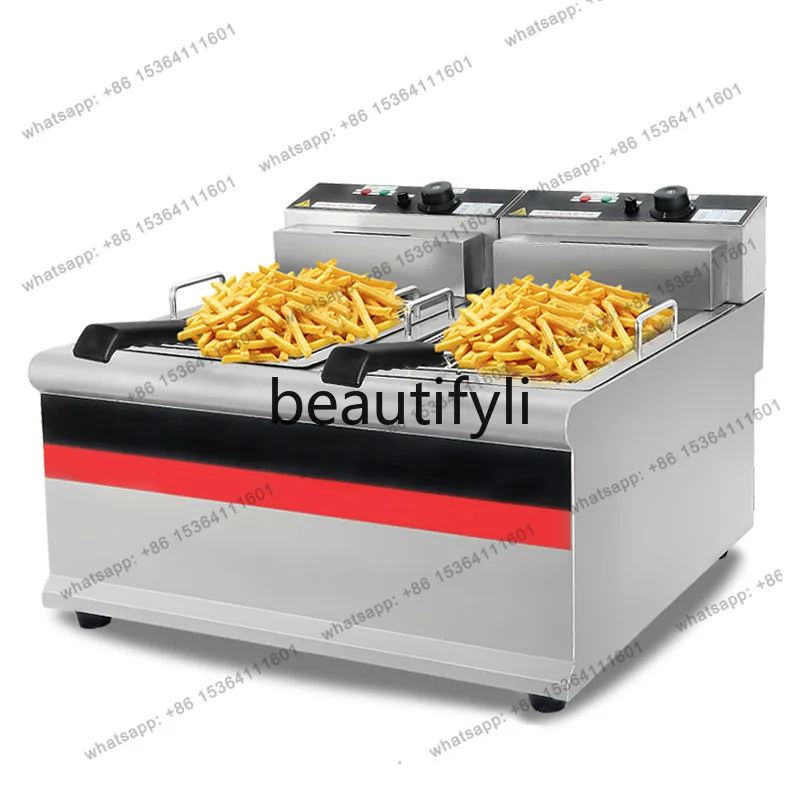 Stainless Steel Countertop Commercial Double Cylinder Deep Fryer Burger Shop Equipment Double Head Deep Fryer