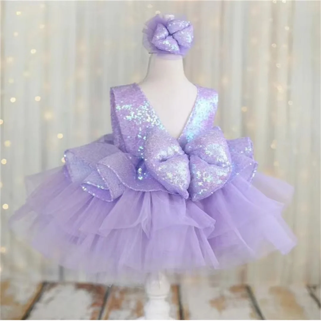 Sequin Shiny Flower Girl Dress Puffy Purple Layered Princess Photosession Dress For Wedding Infant 1st Birthday Ball Gown