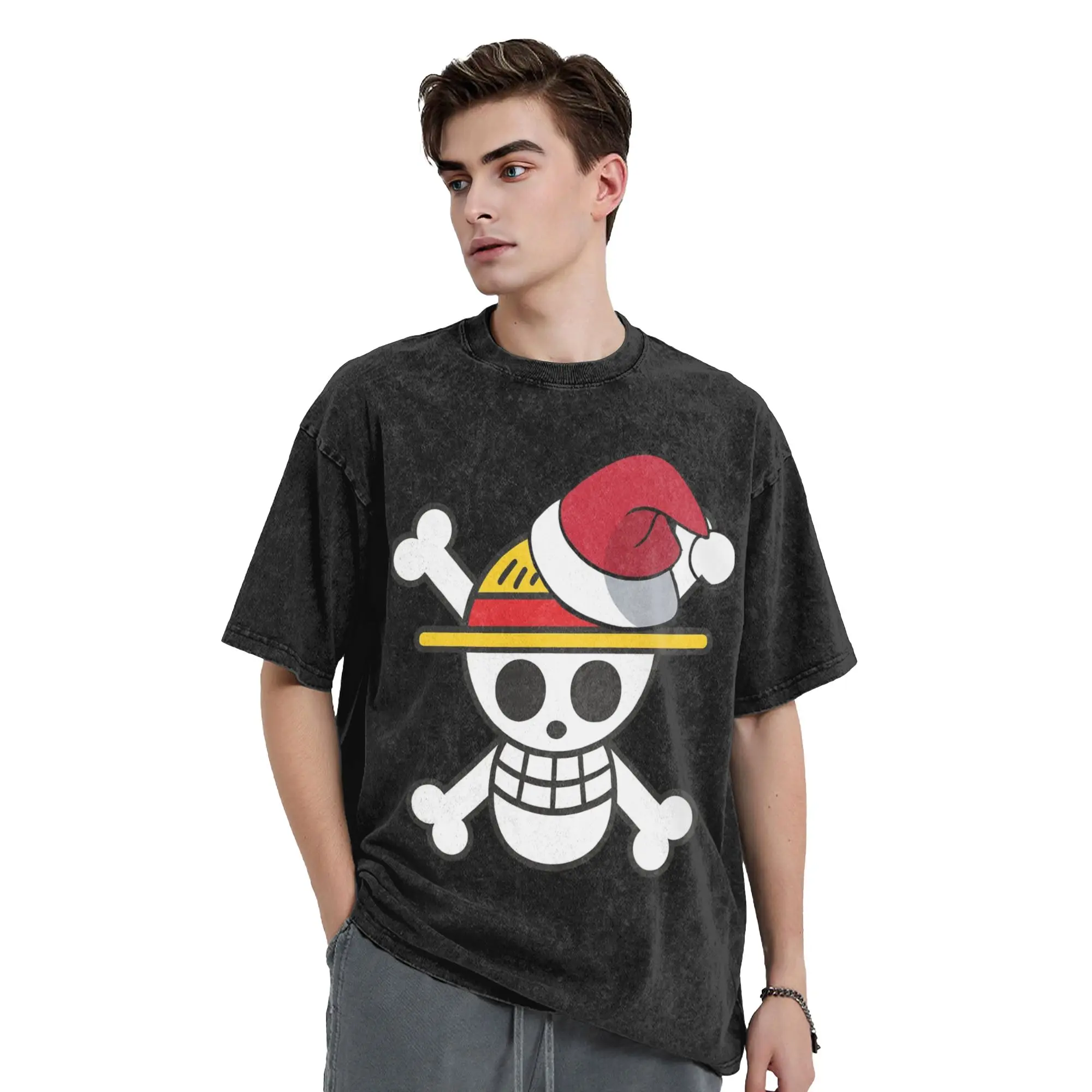 Anime Ones Pieces Christmas Washed T Shirt Streetwear Cool T-Shirt  Tees Men Women Short Sleeve Oversize Summer