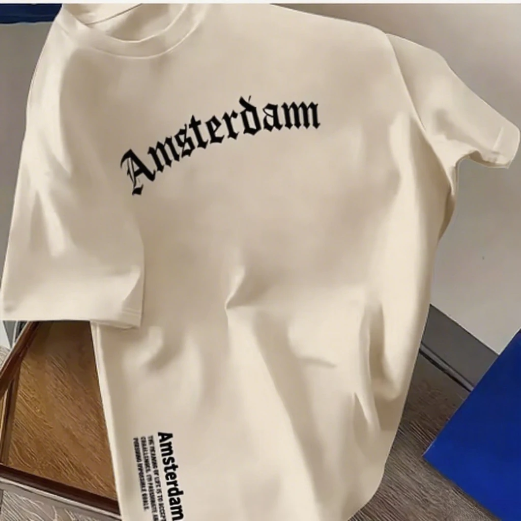 

Pure Cotton T Shirt Amsterdam Text Print in Vintage Font for Urban Style Summer Luxury Brand Pure Cotton New Arrived S-4X