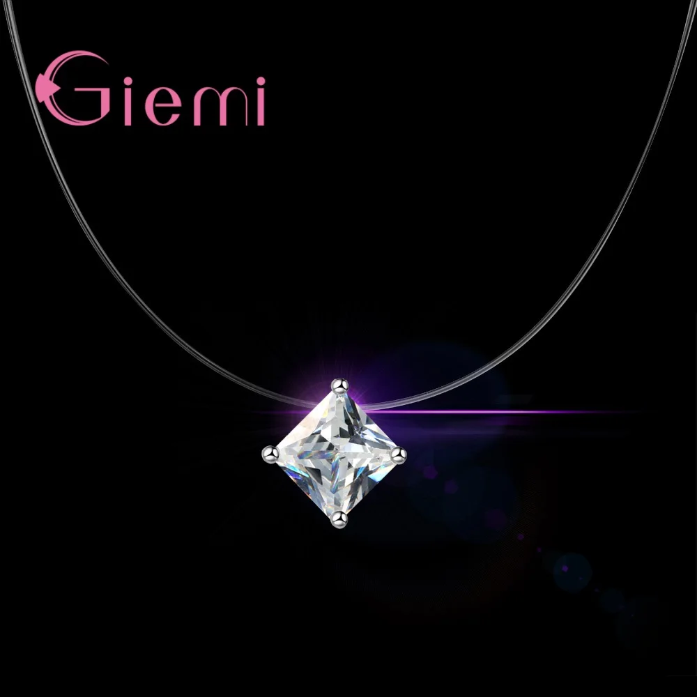 Pure 925 Sterling Silver Simple Crystals Pendant Necklace with Fishing Line Chains Fashion Women Girls Christmas Gifts
