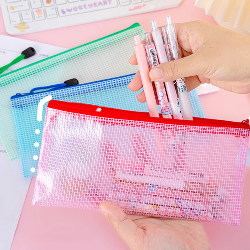Transparent Mesh Zipper Handle Pouch Waterproof Plastic Document Pouch Multipurpose Travel Storage Bag Office Appliances