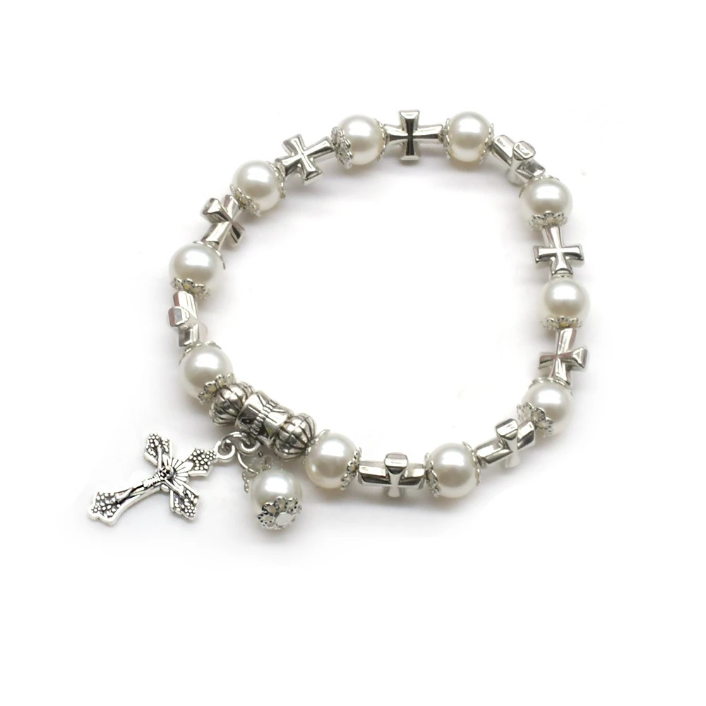 bracelet cross White Glass Pearl Cross Elastic Rosary Bracelets Religious Jewelry For Women