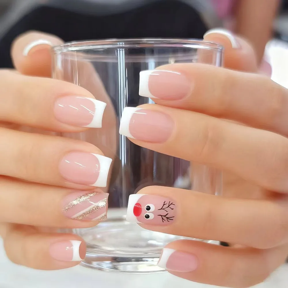 

Natural Acrylic Fake Nail With Glue Sticker Christmas French False Nails Press Ons DIY Finger Tips For Woman Manicure Accessory