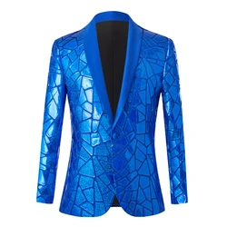 Blazer azul brillante con lentejuelas y purpurina para hombre, esmoquin de un botón con cuello chal, trajes y Blazer, trajes de escenario para fiesta de boda, 2023