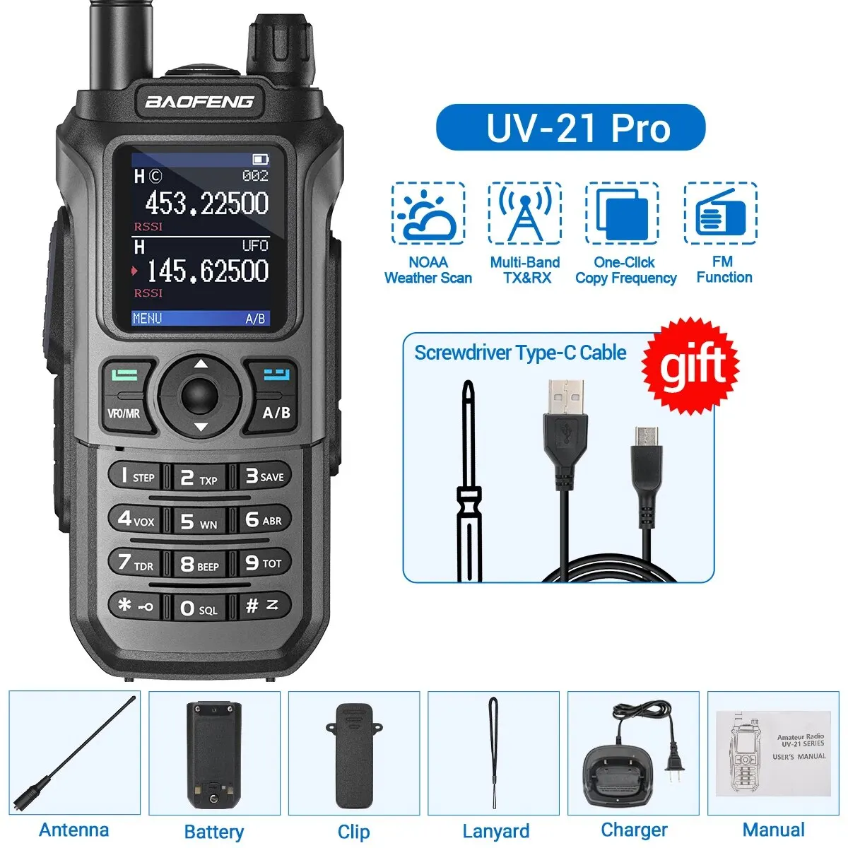 Baofeng Uv 21 Pro Draadloze Kopieer Frequentie Walkie Talkie 16 Km Am Lange Afstand Waterdichte Multi-Band Type-C Oplader Ham Radio Uv 5r