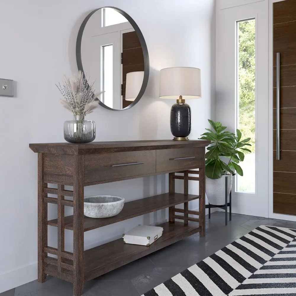 Mesa de sofá decorativa de madera de 3 niveles con 2 estantes, ideal para entrada, sala de estar o pasillo - 55