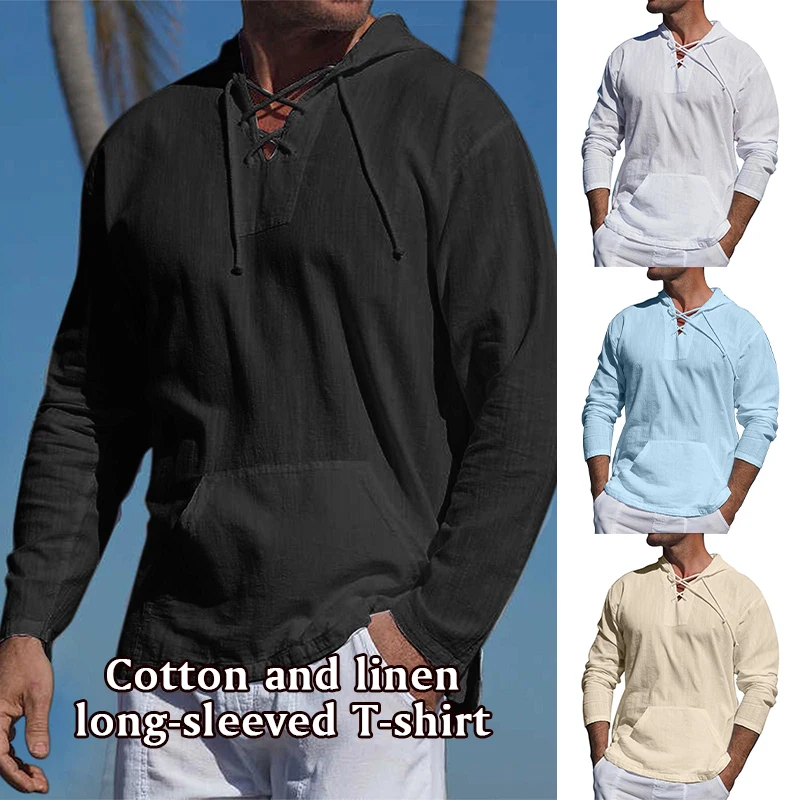 Men Summer Hooded T-shirt Male Spring Solid Color Long Sleeved Shirts Cotton Linen Shirt Casual Breathable Gym Sports Tops