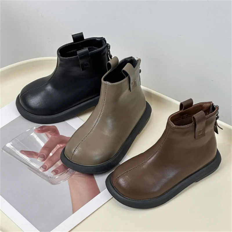 2024 New Autumn Children Boots Leather Girls Ankle Boots Zip Back Rubber Sole Fashion Toddler Kids Boots EU21-30