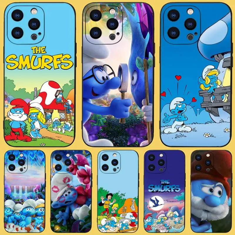 Cartoon The S-Smurfs Phone Case For iPhone 15,14,13,12,11 Plus,Pro,Max,XR,XS,X,7,8 Plus,SE,Mini Black Silicone Soft