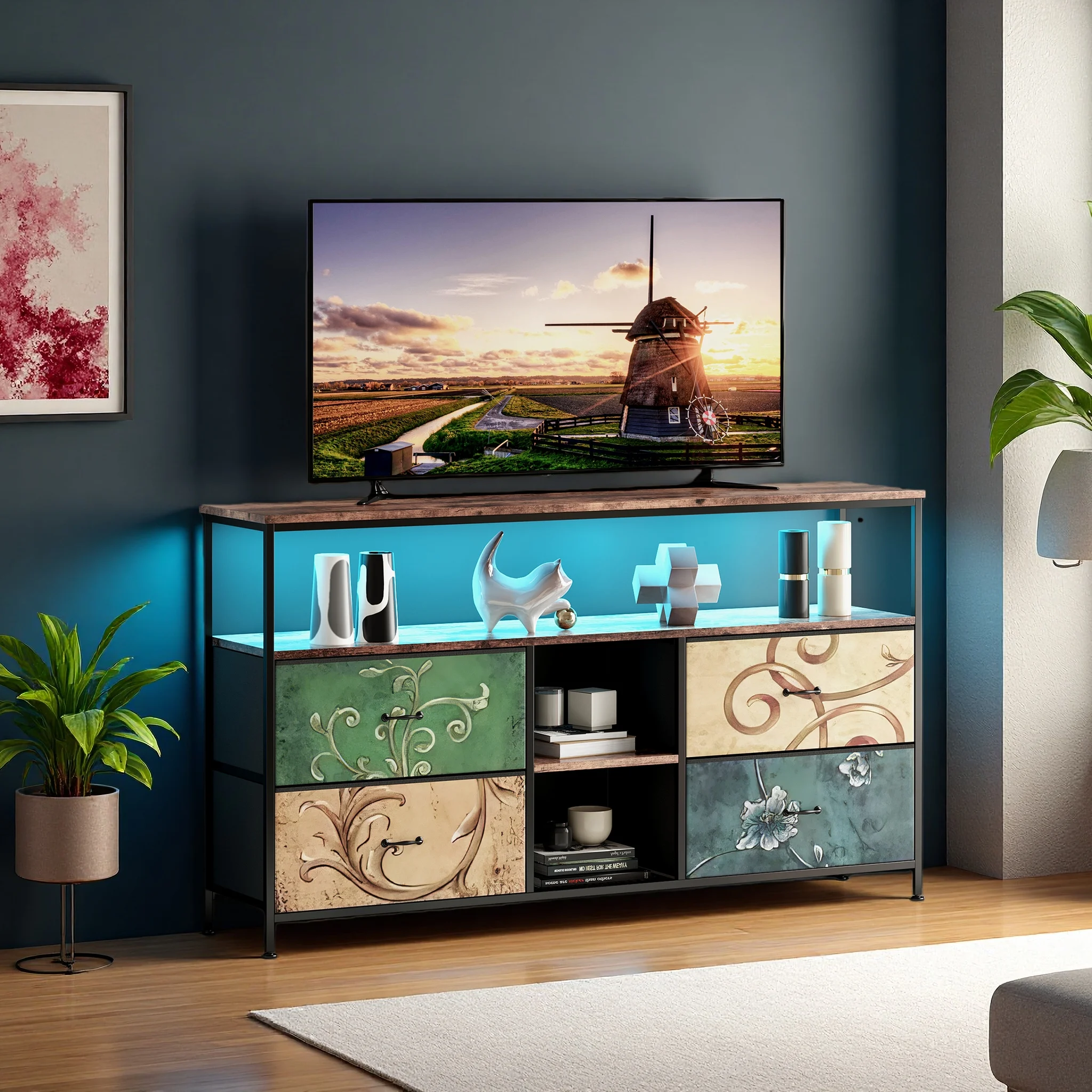 Table TV Anajqaqia, meuble TV avec 4 tiroirs et bande lumineuse LED, espace de rangement, tiroirs en tissu, chambre à coucher, 137 cm