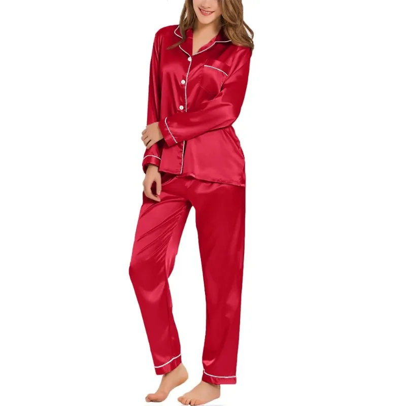 Womens Silk Satin Pajamas Loungewear Two-piece Sleepwear Button-Down Full Sleeve Long  Set