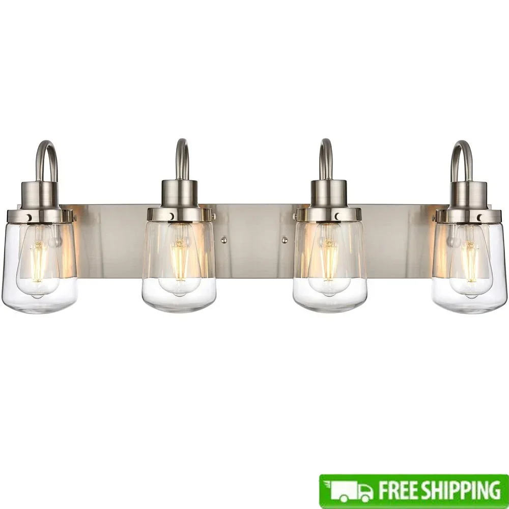 Modern 4-Light Vanity Light Fixture Dimmable Clear Glass Shades Satin Nickel Wall Lamp Bathroom Living Room