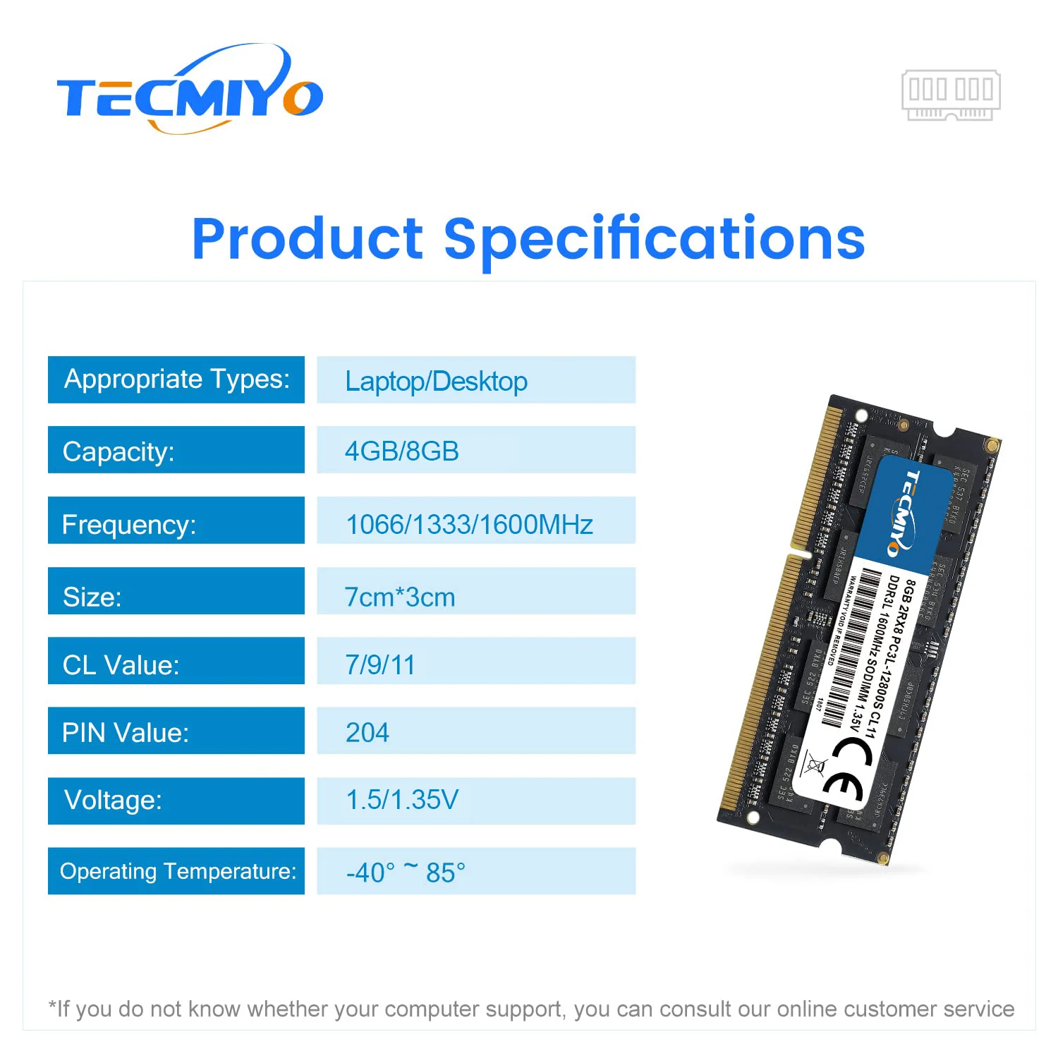 TECMIYO 4GB 8GB DDR3 DDR3L 1600MHz Laptop/Desktop Memory RAM 1.35V/1.5V PC3/PC3L-12800  PC3-10600 PC3-8500 Non-ECC -1PC Black