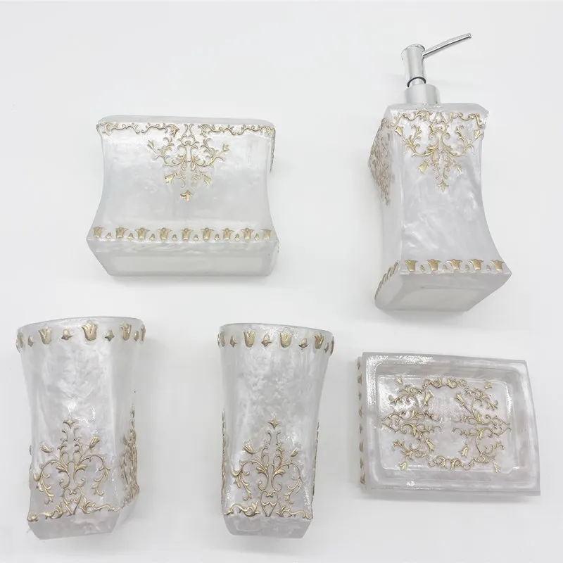 Beautiful butterfly  floral 5PCS Resin Bathroom Accessories Set Soap Dispenser/Toothbrush Holder/Tumbler/Soap Dish white