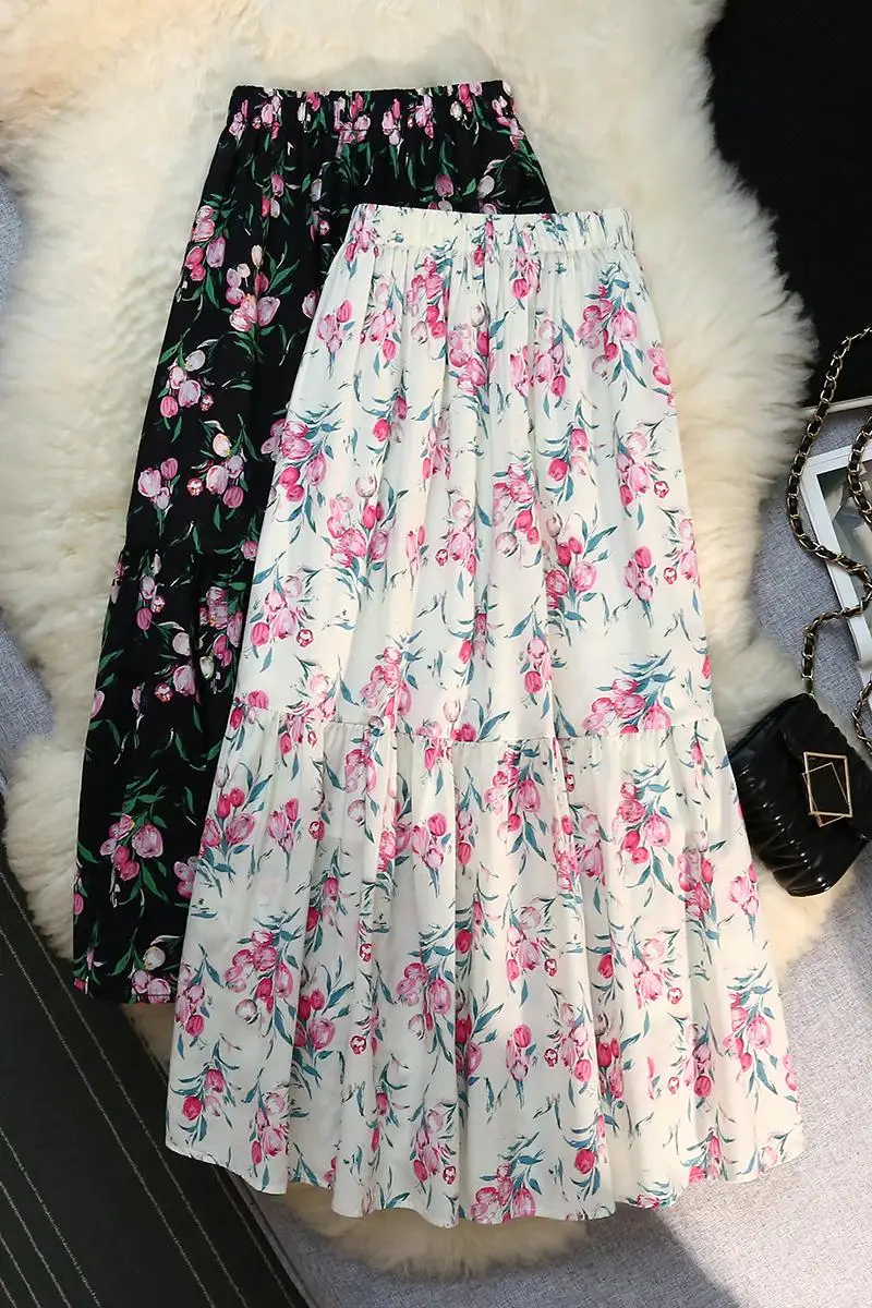 Seoulish-Saia Floral Francesa de Pintura a Óleo Feminina, Cintura Alta, Elegante, Estampada, Casual, Midi, Linha A, Feminina, Novo, 2024