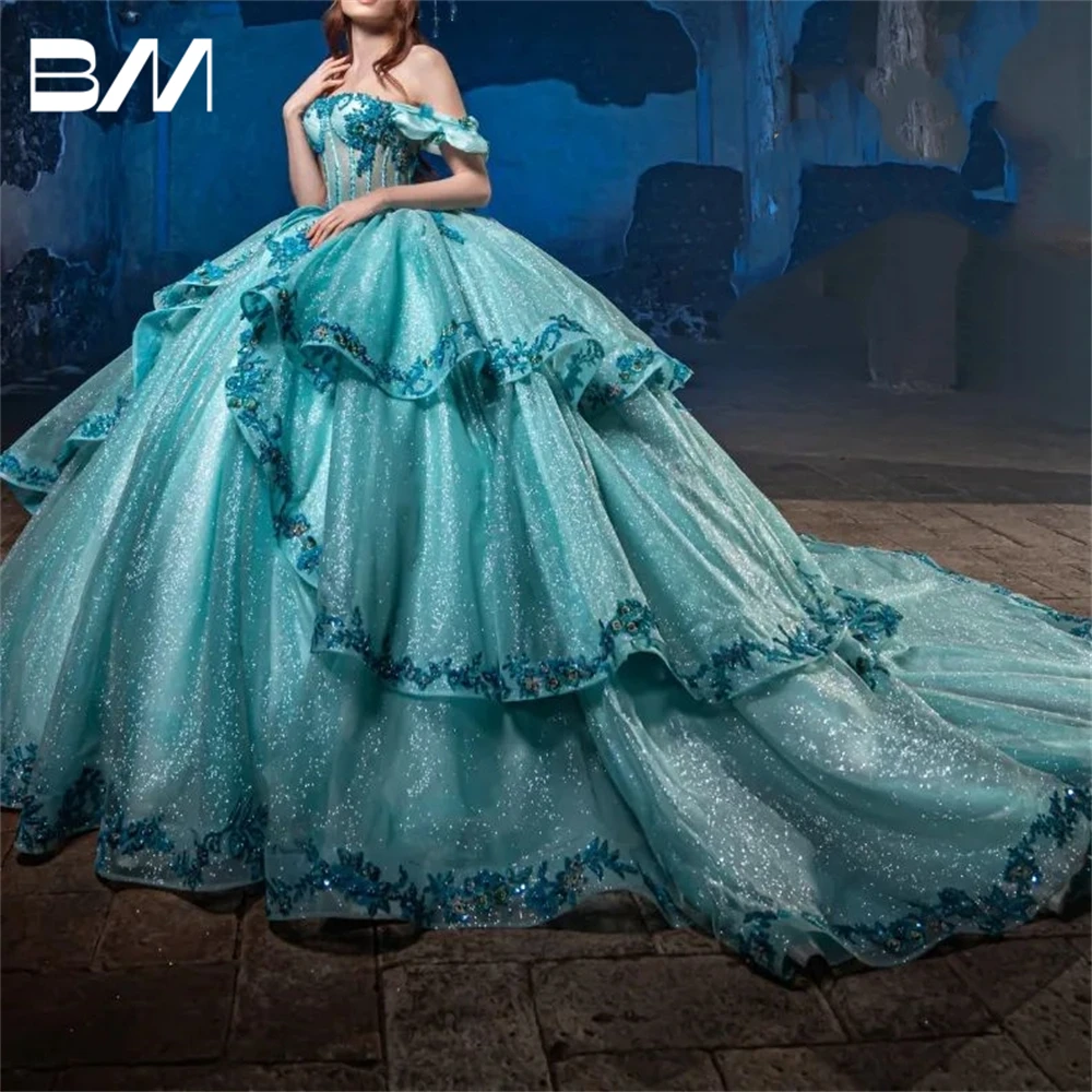 Ice Blue Sparkle Sweet 15 16 Dress Corset Floral Lace Appliques Women Quinceanera Dress 2024 Cocktail Dresses Vestidos De Baile