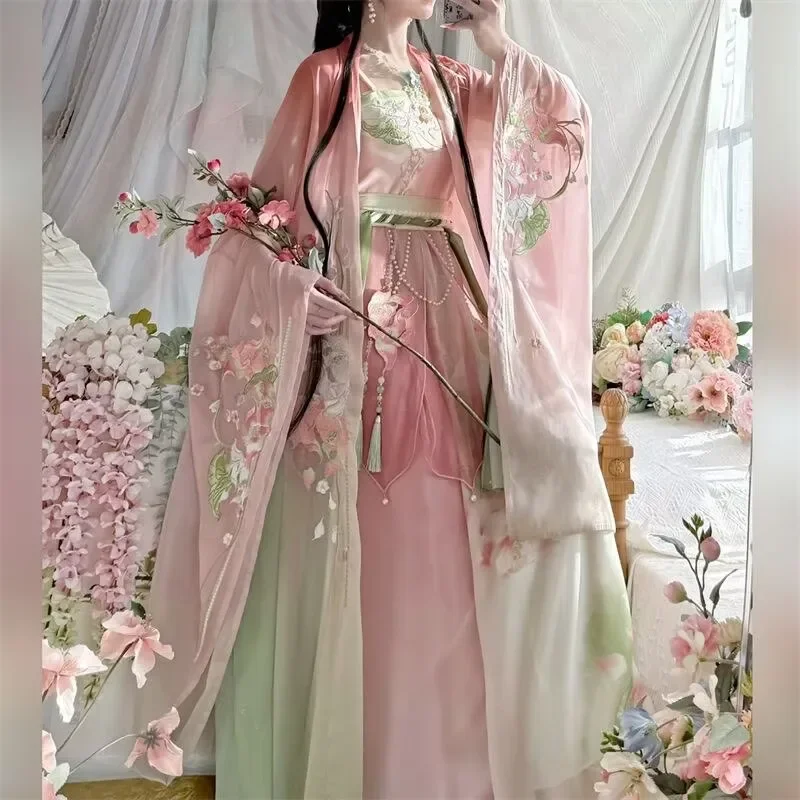 Chinese Hanfu Dress Women Pink Embroidered Hanfu Tang Suits Party Outfit Hanfu Dress Stage Performance Carnival Cosplay Costume