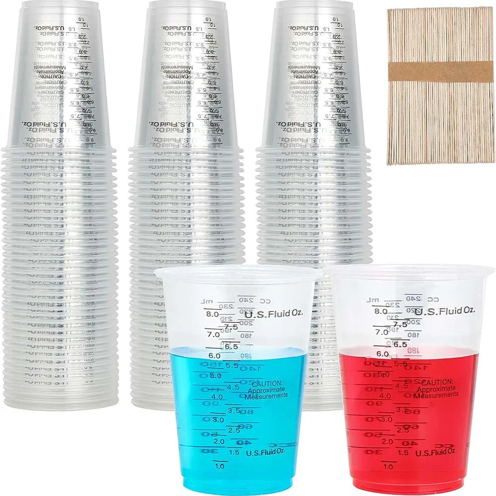 Plastic Measuring Cups 8oz Disposable Mixing Cup with Mixing Sticks for Epoxy Resin Liquid Measuring Paint Mixing Cooking Baking