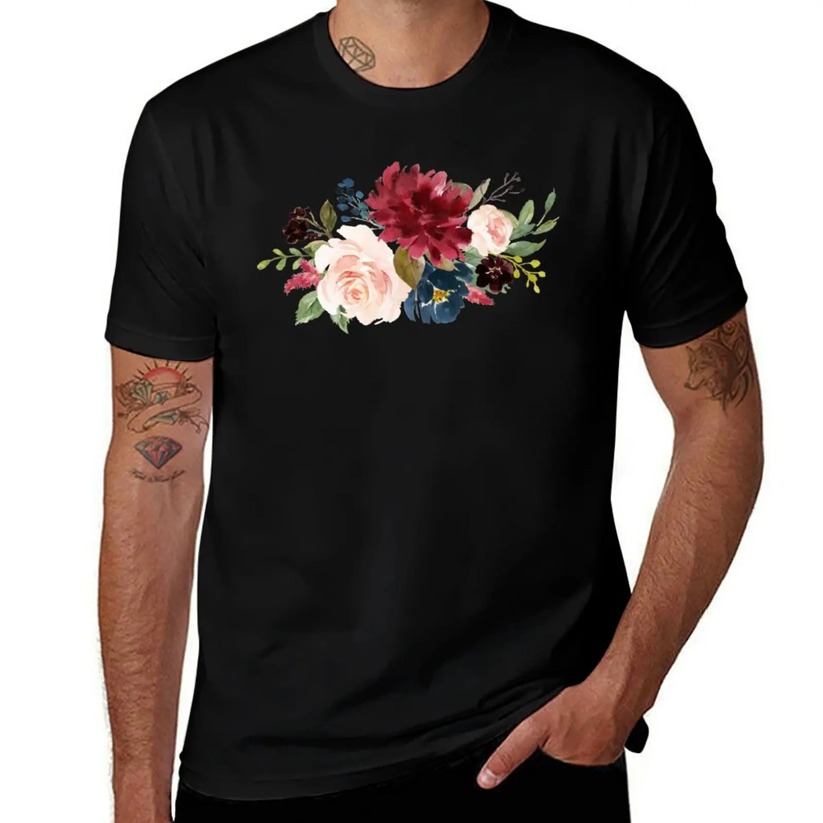 Burgundy Navy Peach Watercolor Flowers T-Shirt Lightweight Casual Summer T-Shirt