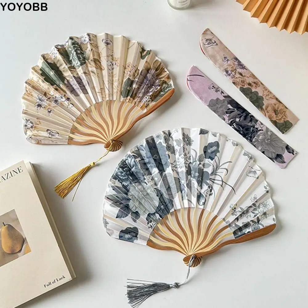 

Chinese Style Silk Folding Fan Flower Classical Handheld Fan with Fan Cover Photo Prop Tassel Folding Fan Hanfu Accessories