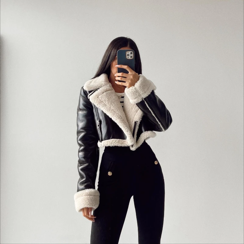 Chic Cropped Leather Jacket Women Motorcycle Jackets Streetwear Wool Faux Fur Coat Long Sleeve Zipper Warm Autumn Winter Clothin