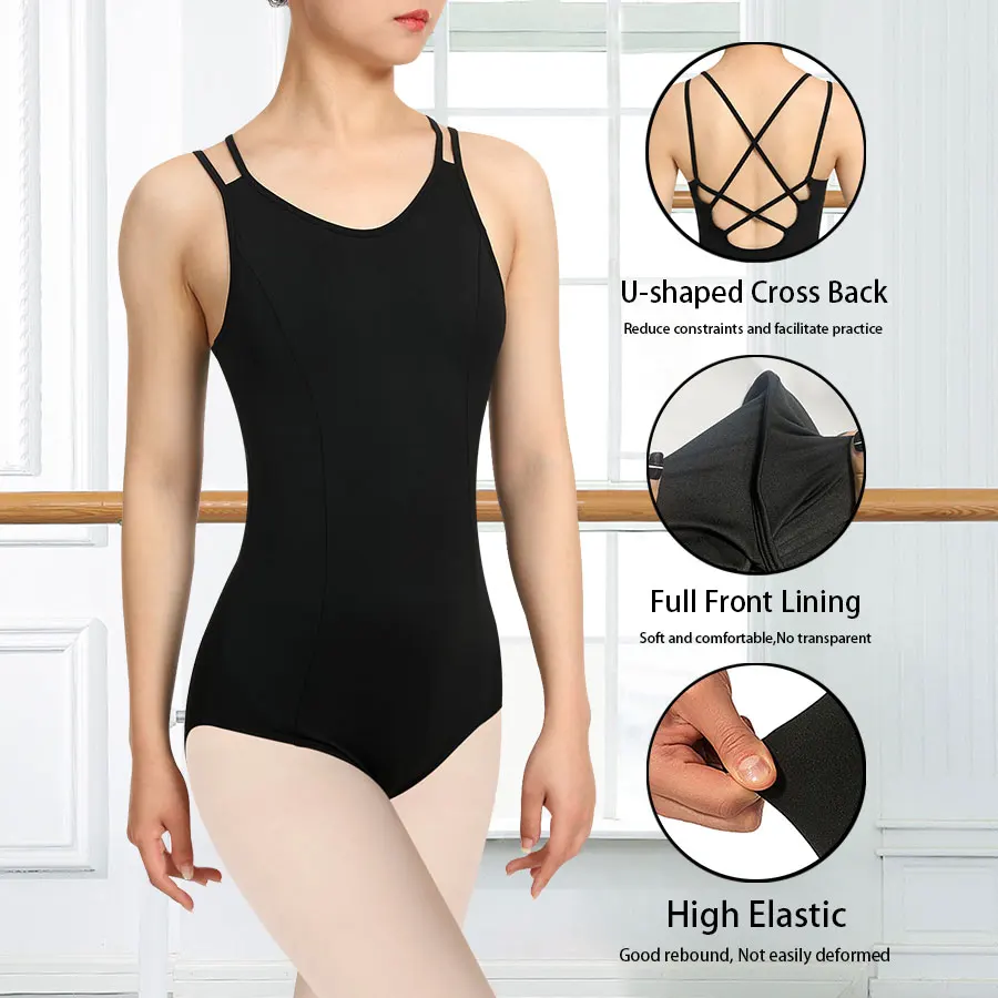 Women Ballet Gymnastics Leotard For Dance Costume With Full Front Lining,Front Two-line Splicing And Large U-shaped Cross Back B