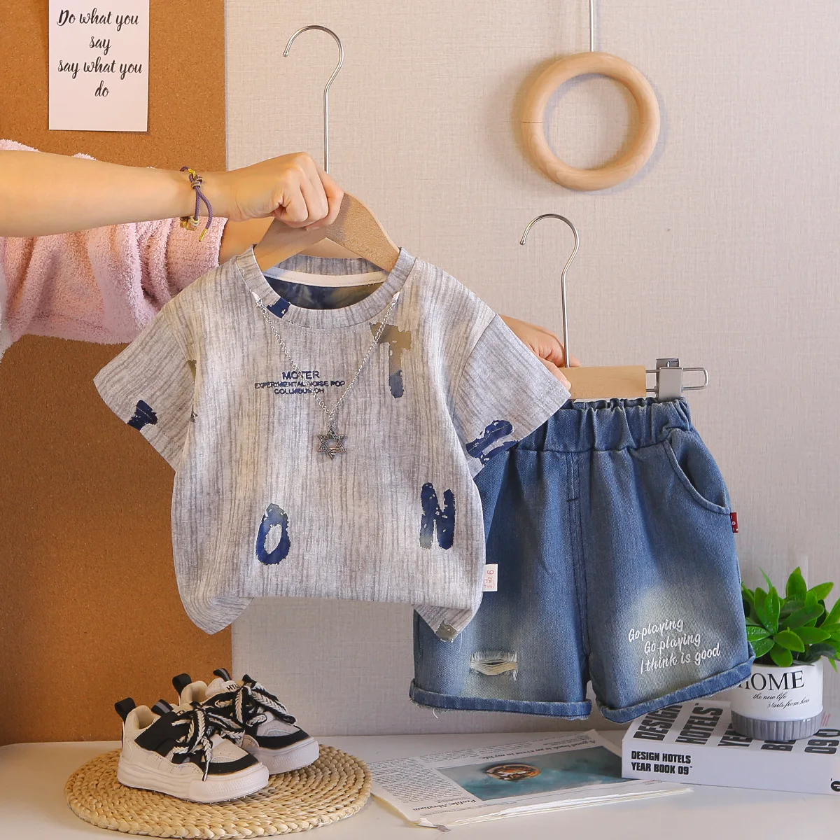Toddler Boys Summer Outfits 2026 Korean Baby Boy Clothes 12 To 18 Months Short Sleeve T-shirts and Denim Shorts 2 Piece Sets