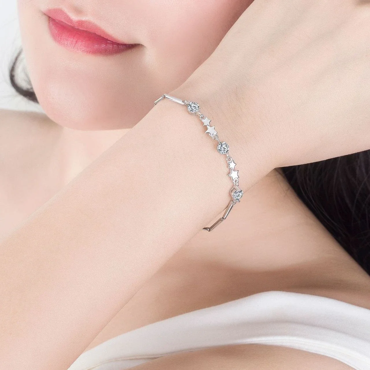 Hot Fine Fashion kpop 925 Sterling Silver creative Star Pink Crystal Bracelets for Women Jewelry Party Wedding Accessories Gifts view 6
