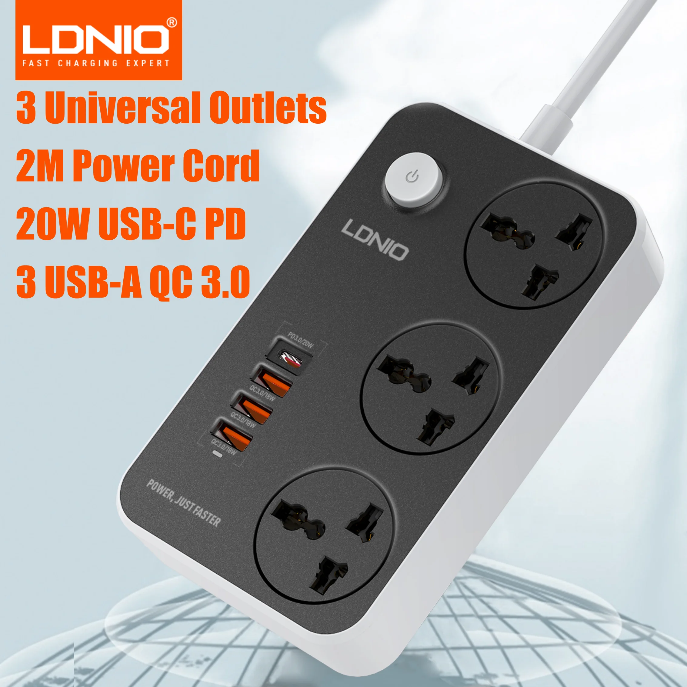 LDNIO Universal Standard Smart Extension Power Socket 3 Sockets 20W Port QC3.0 Phone Fast Charging Port Power Strip