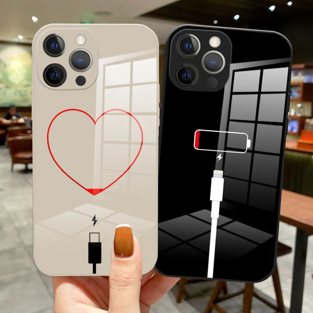 

Love needs charging Couple Glass silicone Phone Case for iPhone 16 15 14 13 12 11 Promax Mini X XR XSMax 16Plus Fashion cover