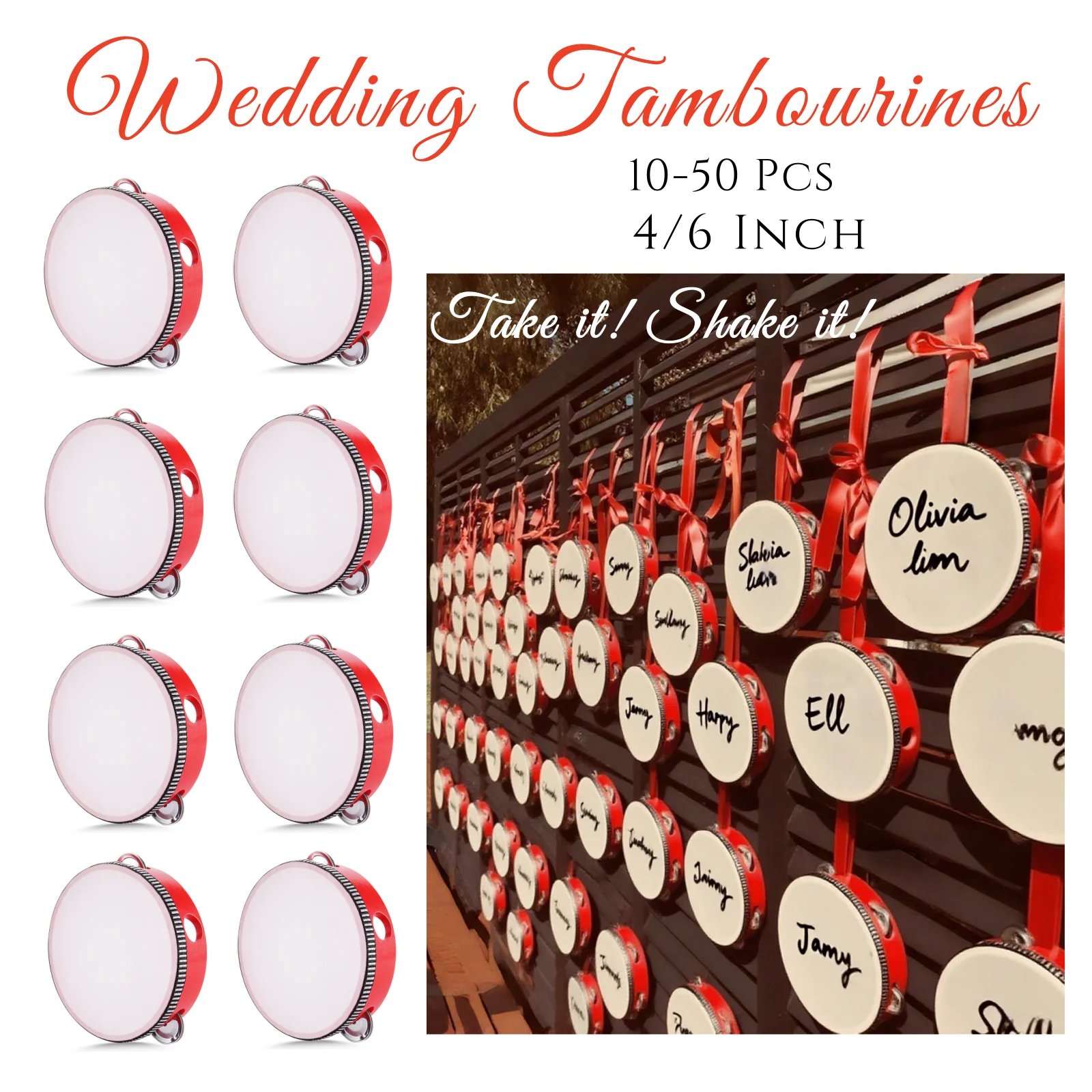 Tambourins de mariage en vrac, 10 à 50 pièces, instruments de musique pour réception de mariage, cadeaux de fête d'église, 4/6 pouces