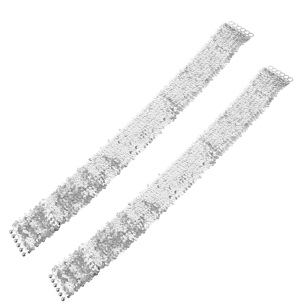 

2Pcs Silver Sequin Dress Belt Wide Waist Elastic Cinch Belt Buckle for Women Stretch Waistband Party Performance Halloween Disco