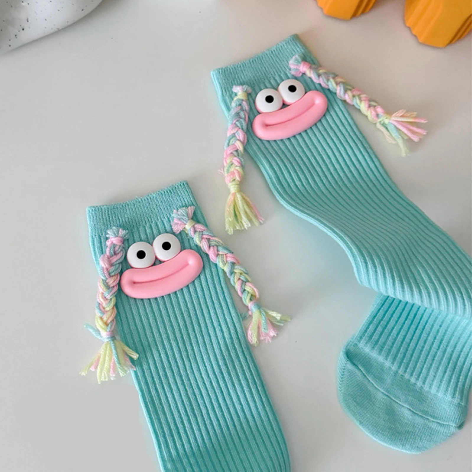 Woman Mid Length Kawaii Cartoon Colorful Sock Girl Big Mouth Braids Funny Cotton Long Socks Female Cute Over Knee High Stockings image 3