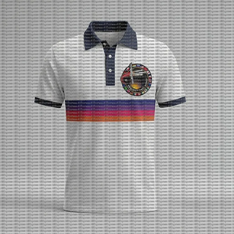 Rainbow Horizontal Stripe Lapel Polo Shirt Around Science Fiction Movies Project HAIL MARY Rocket Badge Casual Short Sleeved Top