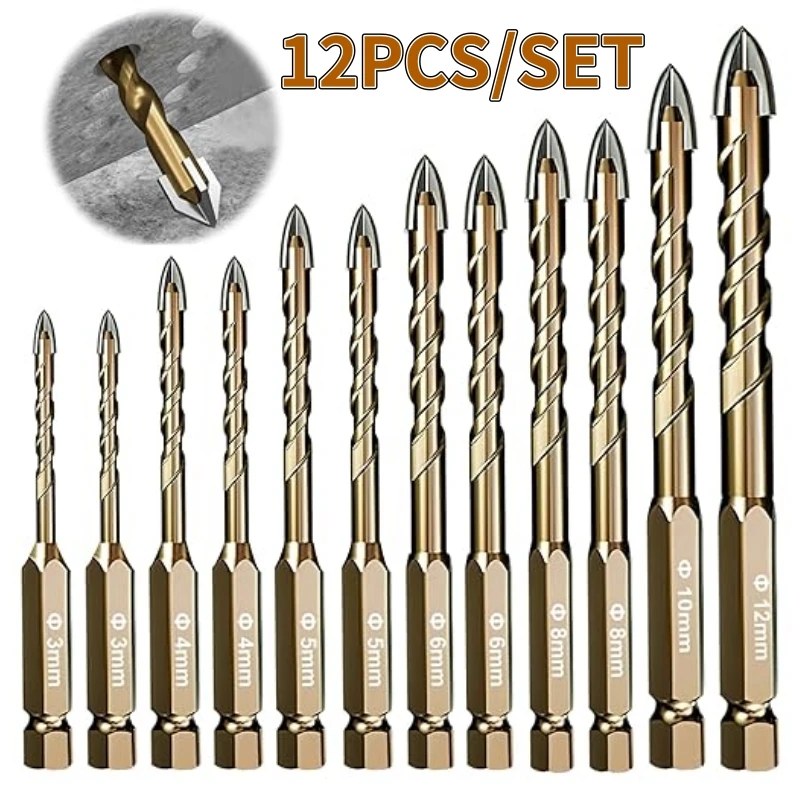 12PCS Hexagonal Shank Tile Drill Set Glass Drill Masonry Drill Bit Set 3-12 mm Drill Ceramic Drill Tile Drilling Tools Set